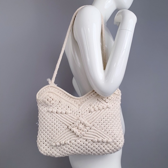 Vintage 70s Macrame Knit Large Bag Tote Purse - Picture 3 of 7